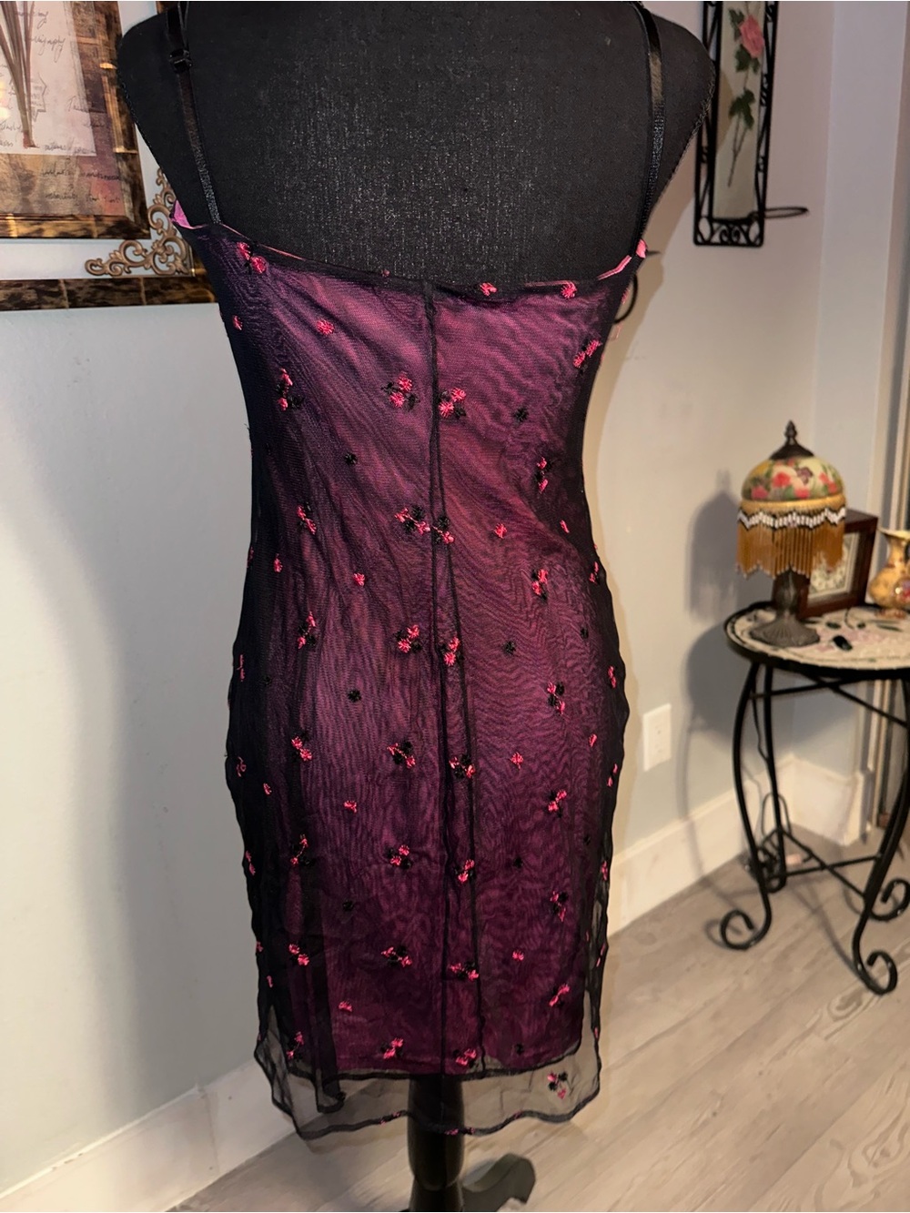 Vtg 90s Laundry By Shelli Segal Black Mesh Midi Dress with Pink Embroidery, Sz 8 - Picture 2 of 5